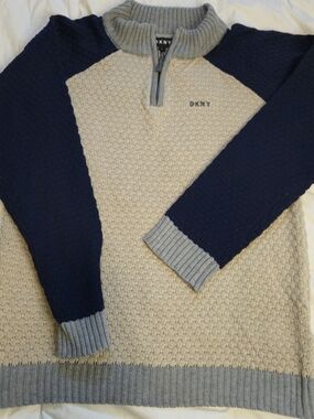 DKNY Navy & Cream Zip-Up Textured Knit Sweater0783